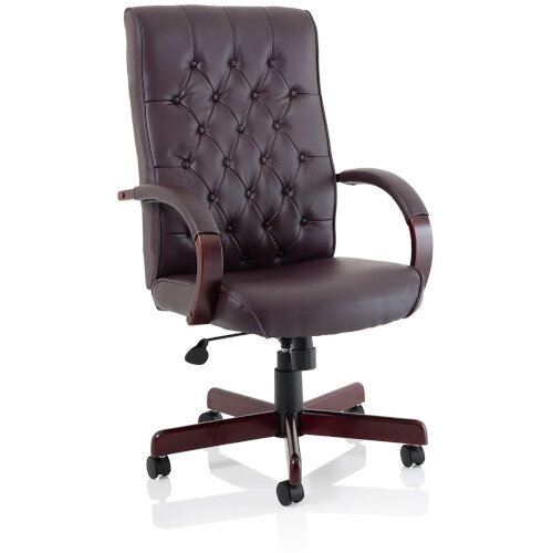 Chesterfield Traditional Executive Office Chair, Burgundy Leather Seat & Back - Fixed Wooden Padded Arms, 5-Star Base