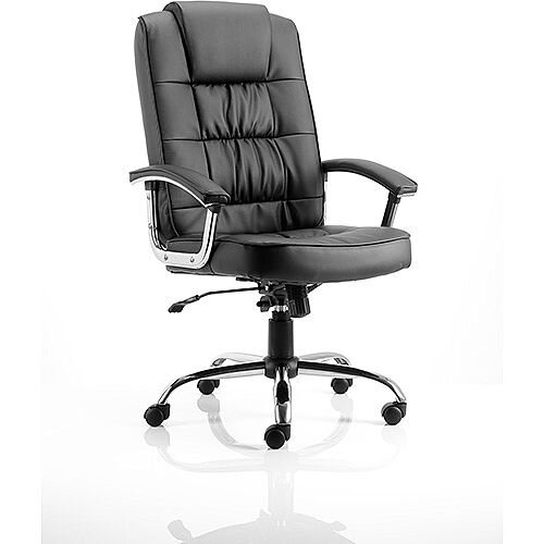 Moore Deluxe Executive Office Chair - Black Leather Back & Seat - Fixed Padded Arms