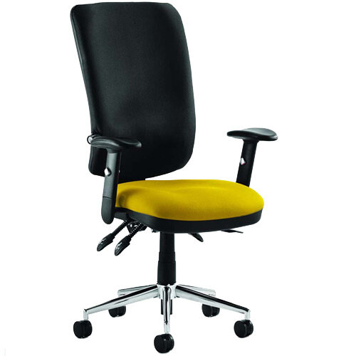 Chiro High Back Black Task Operator Chair With Bespoke Senna Yellow Colour Seat & Height Adjustable Arms 24/7 Task Usage, Adjustable pump up lumbar, Height Adjustable Back Rest, 3 Lever Mechanism, Gas lift tested up to 150kg