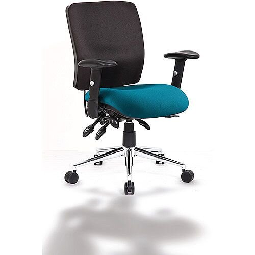 Chiro Medium Back Black Task Operator Chair With Bespoke Marianga Teal Colour Seat & Height Adjustable Arms 24/7 Task Usage, Adjustable pump up lumbar, Height Adjustable Back Rest, 3 Lever Mechanism, Gas lift tested up to 150kg