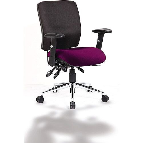 Chiro Medium Back Black Task Operator Chair With Bespoke Tansy Purple Colour Seat & Height Adjustable Arms 24/7 Task Usage, Adjustable pump up lumbar, Height Adjustable Back Rest, 3 Lever Mechanism, Gas lift tested up to 150kg