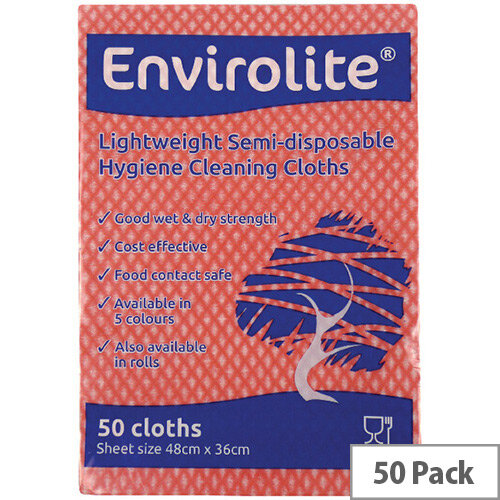 Envirolite 480x360mm Red Lightweight All Purpose Cloths 50 Pack ELF500