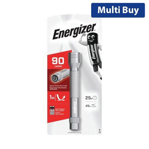Energizer Metal LED Torch - 90 Lumens, 45m Beam, 2AA Batteries Included, IPX4 Weather-Resistant