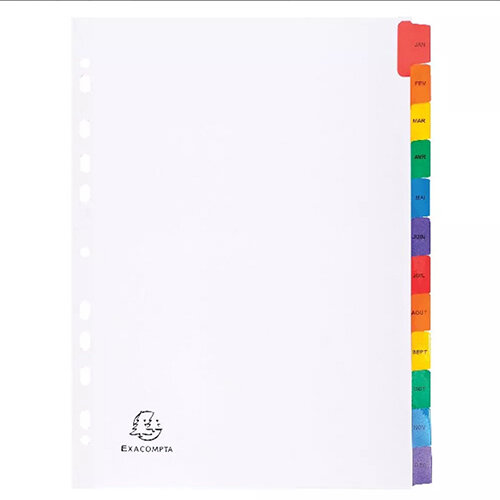 Exacompta A4 White Index Coloured Tabs 12 Part January - December 1113E Exacompta A4 White Index Coloured Tabs 12 Part January - December 1113E