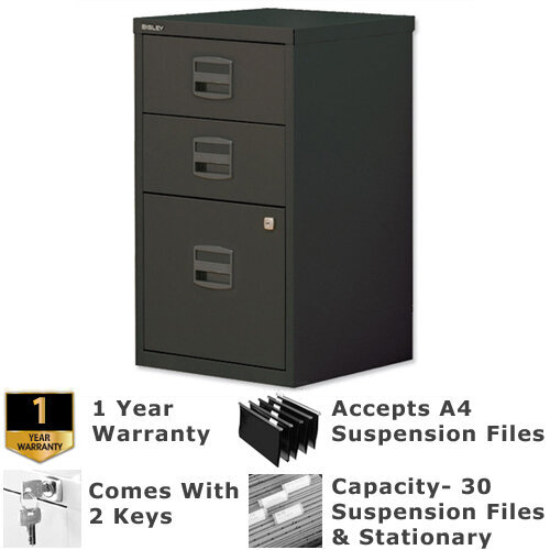 1 Filing & 2 Stationery Drawer A4 Steel Filing Cabinet Lockable Black Bisley PFA Home Filers