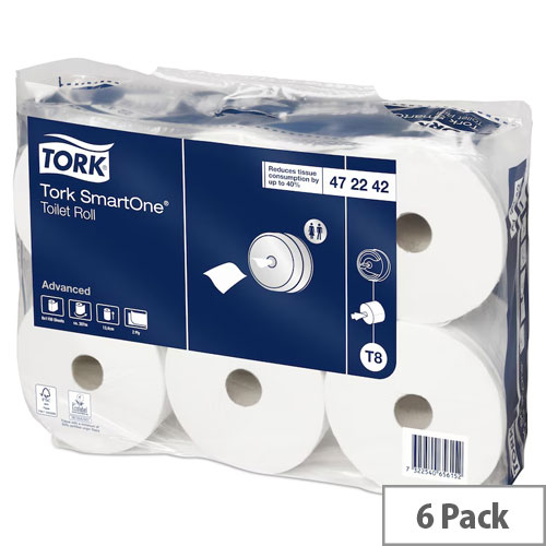 Tork Dispenser Toilet Paper Tissue Rolls T8 White SmartOne 2 Ply 200m Pack of 6 472242