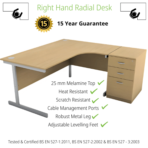 Ashford 1600mm Right Hand Radial Corner Office Desk Metal Leg With 3 Drawer Desk High Pedestal Beech Bundle Offer