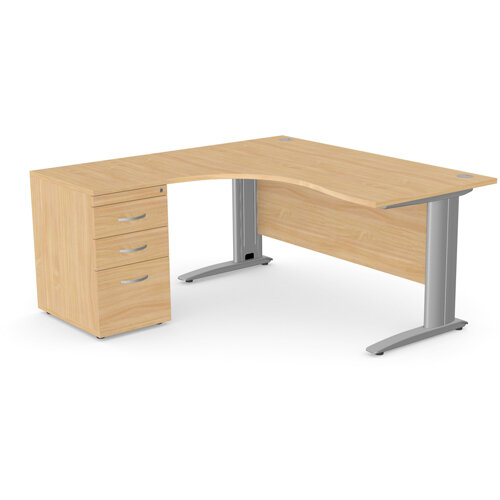 Radial Office Desk Left Hand With Silver Cable Managed Leg With 600mm Desk-High Pedestal W1600xD1600xH725mm Beech Komo