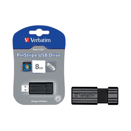 Verbatim PinStripe USB Drive, 8GB, Retractable USB 2.0, Black - Compact and Portable Data Storage Solution