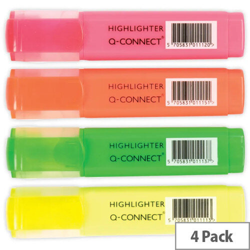 Q-Connect Highlighter Pens Assorted Colours Wallet Pack of 4 KF01116