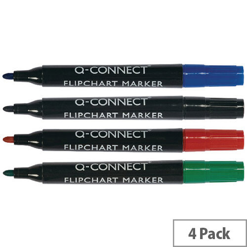 Q-Connect Flipchart Marker, Bullet Tip, Assorted Colours (Wallet of 4)