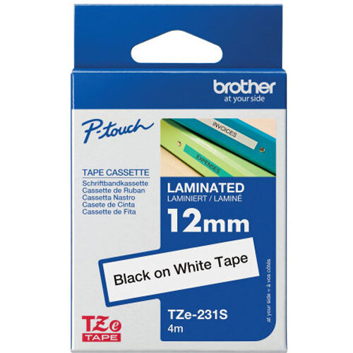 Brother P-Touch TZe-231S Labelling Tape, 12mm x 4m, Black on White - High-Quality Laminated Labels
