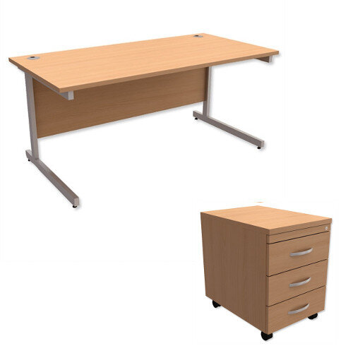 Office Desk Rectangular Silver Legs W1600mm With Mobile 3-Drawer Pedestal Beech Ashford