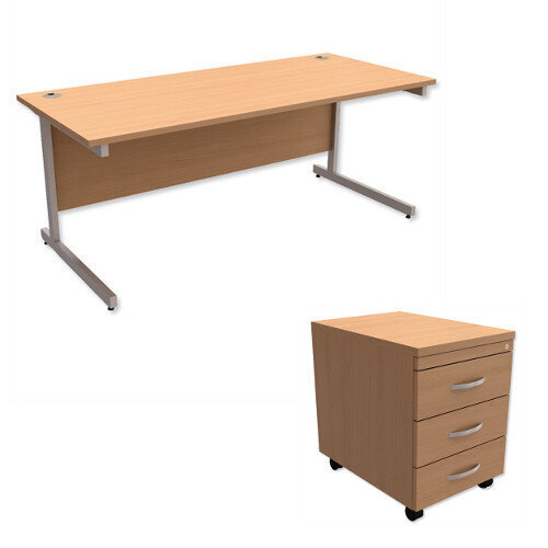 Office Desk Rectangular Silver Legs W1800mm With Mobile 3-Drawer Pedestal Beech Ashford