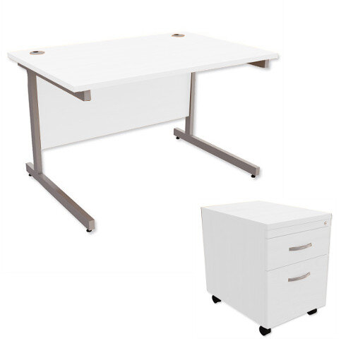 Office Desk Rectangular Silver Legs W1200mm With Mobile 2-Drawer Pedestal White Ashford