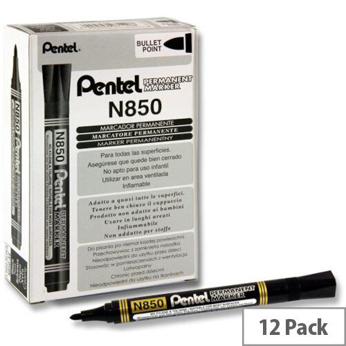 Pentel N850 Permanent Bullet Marker, Black (Pack of 12, Ref N850-AE) - Durable Markers for Multiple Surfaces
