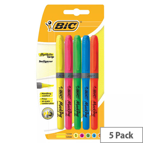 BIC Highlighter Grip Assorted Colours - Pack of 5 - Chisel Tip - 894324