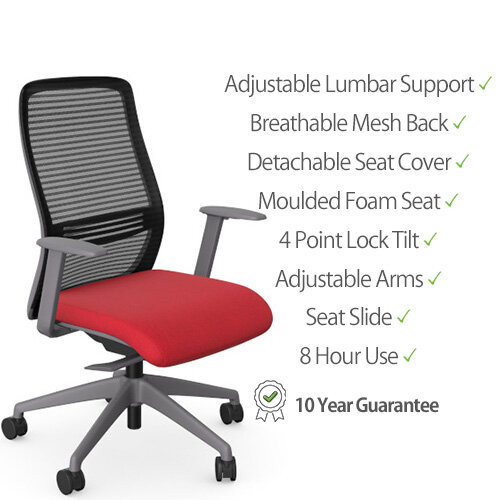 NV Ergonomic Posture Office Chair  - Contoured Breathable Mesh Back  - Adjustable Lumbar Support  - Grey Frame - Red Seat