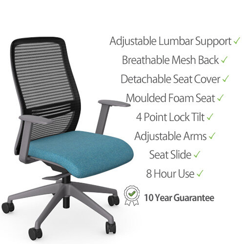 NV Ergonomic Posture Office Chair  - Contoured Breathable Mesh Back  - Adjustable Lumbar Support  - Grey Frame - Light Blue Seat