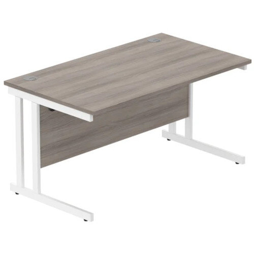 Core Office Rectangular Desk 1400mmX800mm Alaskan Grey Oak With Double Cantilever White Frame 