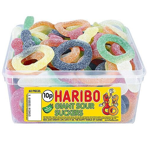 Haribo Giant Sour Suckers Tub Jelly Sweets (Pack of 1) 13444 Haribo Giant Sour Suckers Tub Jelly Sweets (Pack of 1) 13444