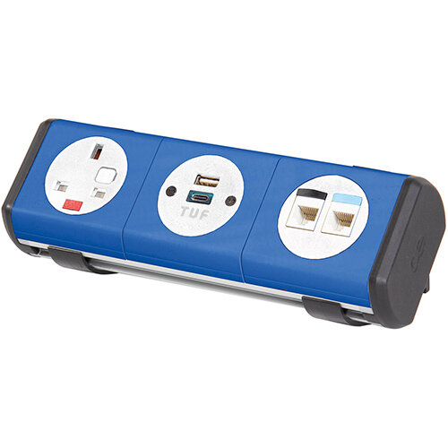 Hubble Clip-on Power Module 1 x UK Socket, 1 x TUF (A&C connectors) USB Charger, 2 x RJ45 Sockets - Dark Blue