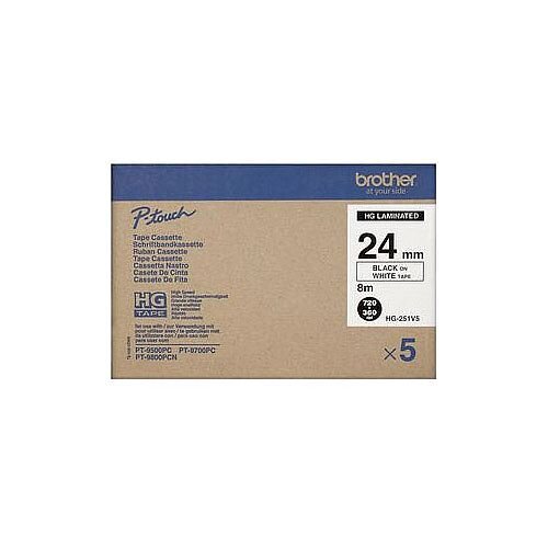 Brother HG251V5 High Grade Label Tape 24mm Black on White 5 Pack