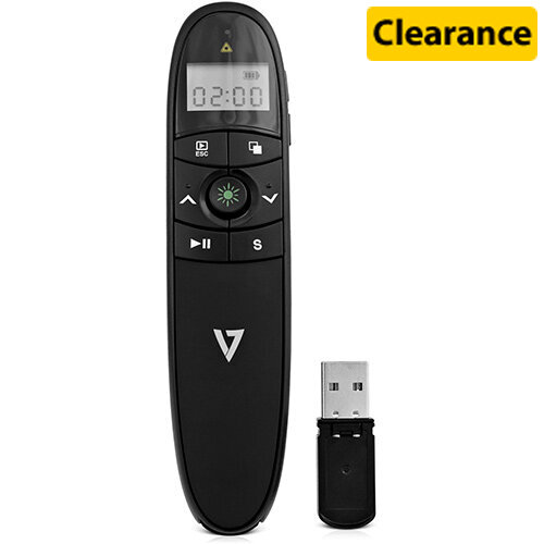 V7 Wireless Green Laser Presenter - RF USB, 30m Range, Black, Professional Presentation Tool