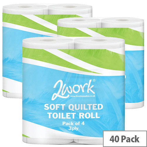 2Work Luxury Quilted Toilet Tissue Paper Rolls White 3-Ply Roll (10 Packs of 4) 40 Rolls TQ4Pk