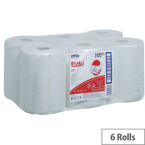 Kimberly-Clark Wypall L10 Wipers White Centrefeed Tissues Refill Paper Rolls 525 Sheets per Roll (Pack of 6) 7495