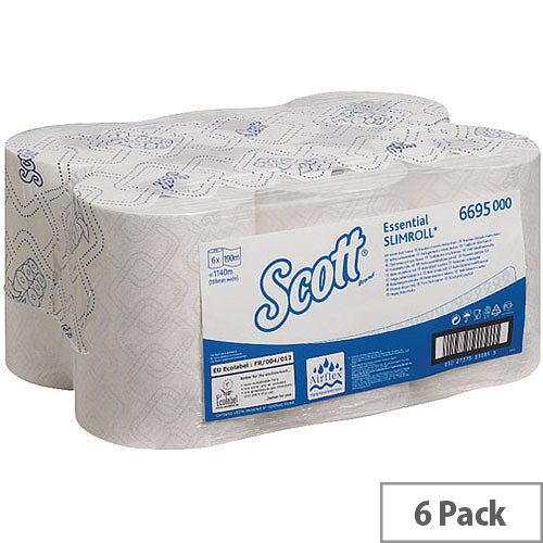 Scott Essential Slimroll 1 Ply White Paper Hand Towel Rolls 190m Long (6 Rolls) 6695