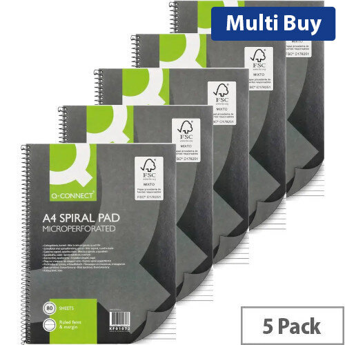 Q-Connect Ruled Margin Spiral Soft Cover Notebook A4 - Pack of 5 - 160 Pages - KF01072