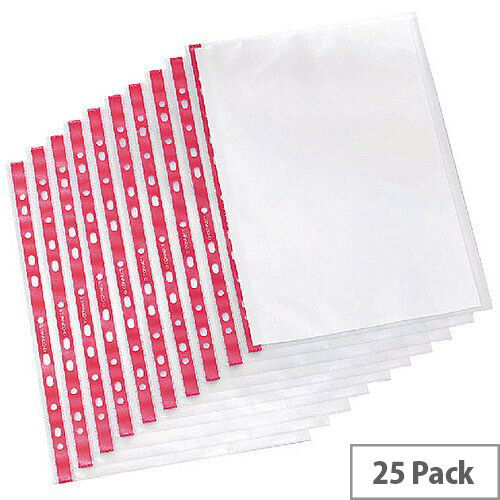 Q-Connect Punched Pocket A4 Deluxe Side-Opening Red Strip 75 Micron Pack of 25 KF01123 Q-Connect Punched Pocket A4 Deluxe Side-Opening Red Strip 75 Micron Pack of 25 KF01123