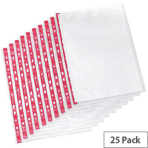 Q-Connect Punched Pocket A4 Deluxe Side-Opening Red Strip 75 Micron Pack of 25 KF01123