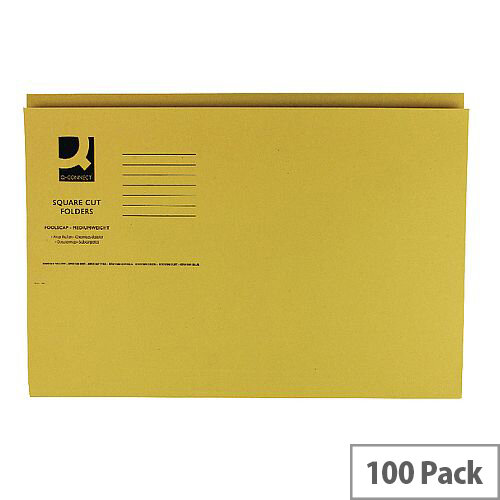 Q-Connect Yellow Square Cut Folder Medium Weight 250gsm Foolscap Pack of 100