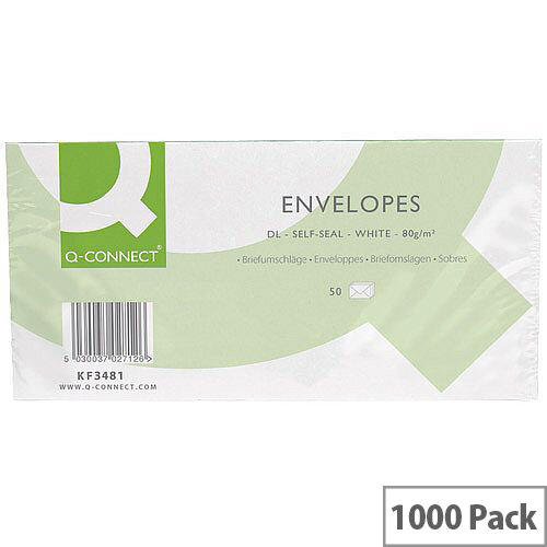 Q-Connect Envelope DL 80gsm White Self-Seal 20 Pack of 50 Envelopes KF02712