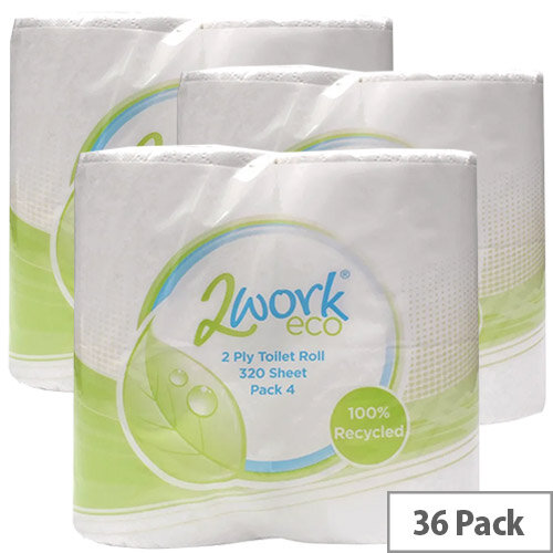 2Work ECO Toilet Tissue Paper Rolls White 2-Ply 320 Sheet Pack of 36 Rolls T23002