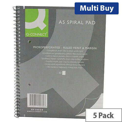 Q-Connect Spiral Pad Executive A5+ - 160 Pages, 80 Leaves, Ruled Feint And Margin, 75gsm Paper, Micro Perforated & 5 Pack (KF10039)