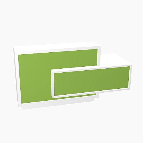 Foro Modern Design Reception Desk With High Gloss Vibrant Green Front and White Pastel Carcass &Left Low Level Section W2100mmxD800mmxH1100mm Foro Modern Design Reception Desk With High Gloss Vibrant Green Front and White Pastel Carcass &Left Low Level Section W2100mmxD800mmxH1100mm