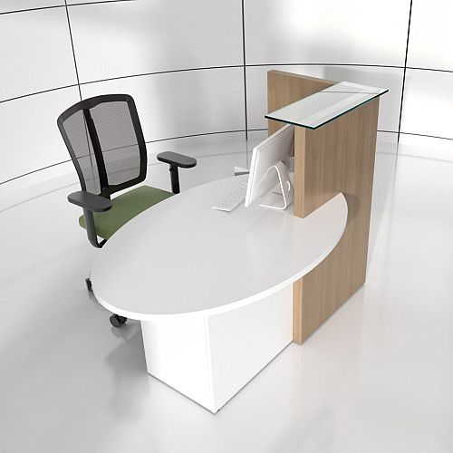 Ovo Small Reception Desk Cocoa with Right White Pastel Low Level Section