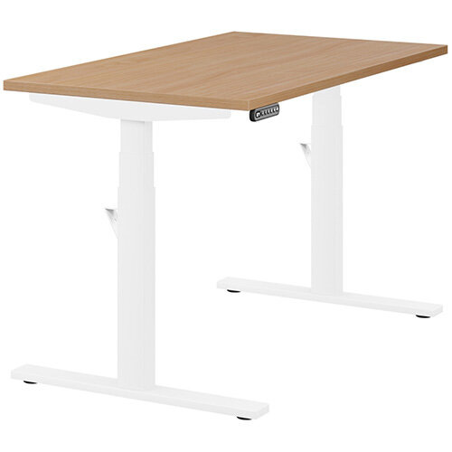 LEAP Electric Height Adjustable Rectangular Sit Stand Desk Plain Top W1200xD700xH620-1270mm Beech Top White Frame