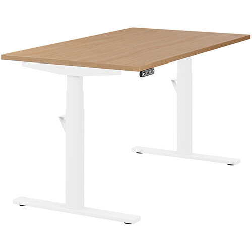 LEAP Electric Height Adjustable Rectangular Sit Stand Desk Plain Top W1400xD800xH620-1270mm Beech Top White Frame