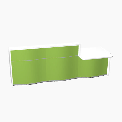 Wave Modern Design Straight Reception Desk White Counter Top with Right Low Level Section & High Gloss Dark Green Front W2966xD1034xH1103mm