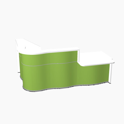 Wave Modern Design Curved Reception Desk White Counter Top with Right Low Level Section & High Gloss Dark Green Front W2560xD1605xH1103mm