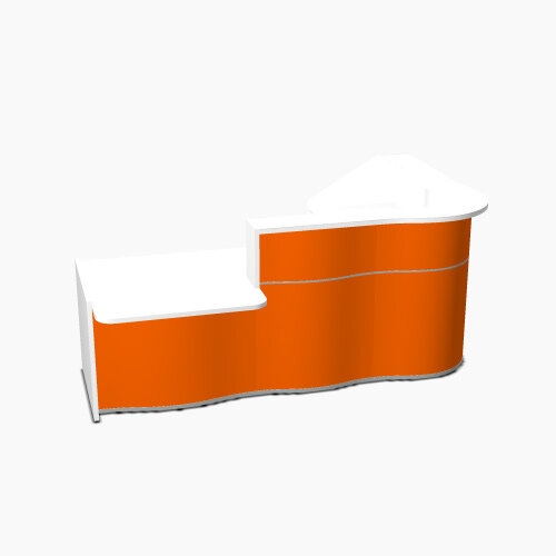 Wave Modern Design Curved Reception Desk White Counter Top with Left Low Level Section &High Gloss Orange Front W2560xD1605xH1103mm Wave Modern Design Curved Reception Desk White Counter Top with Left Low Level Section &High Gloss Orange Front W2560xD1605xH1103mm