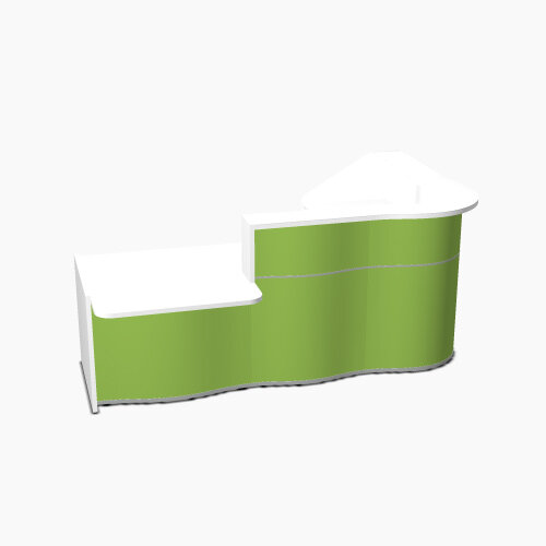 Wave Modern Design Curved Reception Desk White Counter Top with Left Low Level Section & High Gloss Dark Green Front W2560xD1605xH1103mm