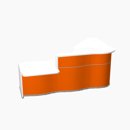 Wave Modern Design Curved Reception Desk White Counter Top with Left Low Level Section & High Gloss Orange Front W2780xD1825xH1103mm