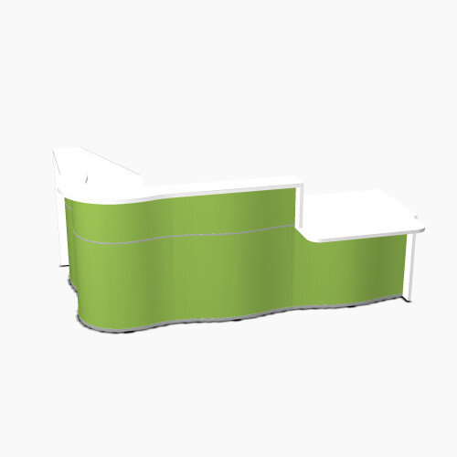 Wave Modern Design Curved Reception Desk White Counter Top with Right Low Level Section &High Gloss Dark Green Front W2780xD1807xH1103mm Wave Modern Design Curved Reception Desk White Counter Top with Right Low Level Section &High Gloss Dark Green Front W2780xD1807xH1103mm