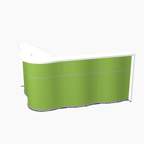 Wave Modern Design  L-Shaped Reception Desk with White Counter Top & High Gloss Dark Green Front W2340xD1590xH1103mm