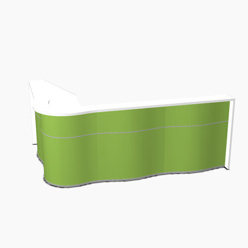 Wave Modern Design L-Shaped Reception Desk with White Counter Top & High Gloss Dark Green Front W2780xD1810xH1103mm